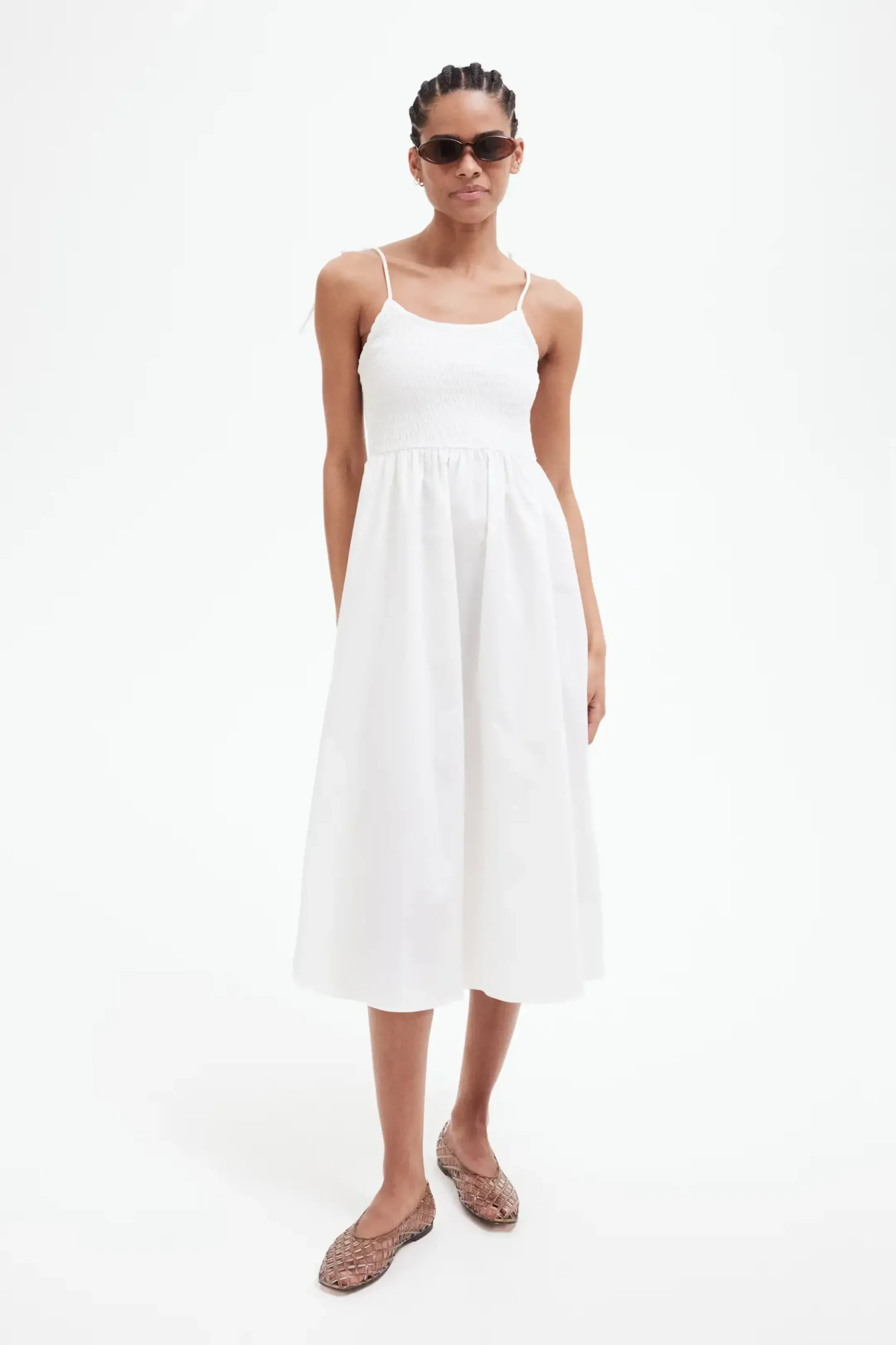 Shoulder-Tie Smocked Midi Dress